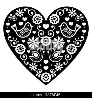 Folk art Valentinstag Herz in Schwarz und Weiß - Liebe, Hochzeit Einladung, Grußkarte Stock Vektor