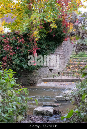 Alte Trittsteine über den Fluss Brue in der Nähe von packesel Brücke im Bruton, Somerset UK, fotografiert im Herbst mit Farben des Herbstes. Stockfoto