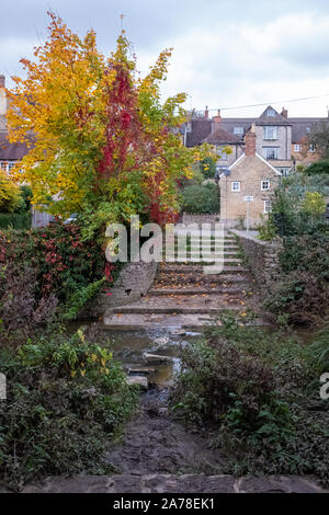 Alte Trittsteine über den Fluss Brue in der Nähe von packesel Brücke im Bruton, Somerset UK, fotografiert im Herbst mit Farben des Herbstes. Stockfoto