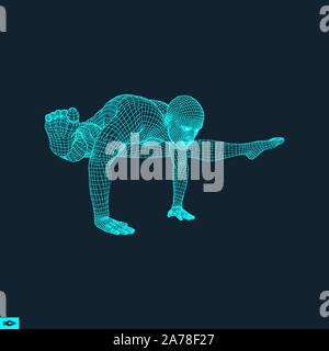 Man Yoga Workout. 3D-Modell des Menschen. Gesunde Lebensweise. Schulungskonzept. Vector Illustration. Stock Vektor