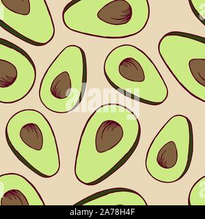 Handdrawn Obst nahtlose Patter mit Avocado, Vector Illustration, auf beigen Hintergrund Stock Vektor