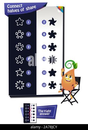 Lernspiel für Kinder und Erwachsene. Entwicklung von Logik, iq. Aufgabe Spiel verbinden Hälften der Form Stock Vektor