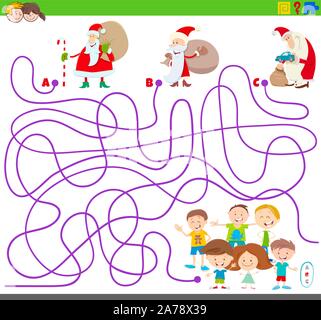 Cartoon Illustration von Linien Labyrinth Puzzle Aktivität Spiel mit Santa Claus Weihnachten Figuren und Kinder Gruppe Stock Vektor