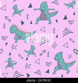 Dinosaurier in Yoga Asanas, Hand gezeichnet Vektor nahtlose Muster Stock Vektor