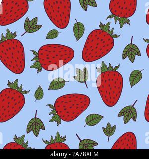 Handdrawn Obst nahtlose Patter mit Erdbeer und Blätter, Vector Illustration für Druck Design, auf blauem Hintergrund Stock Vektor