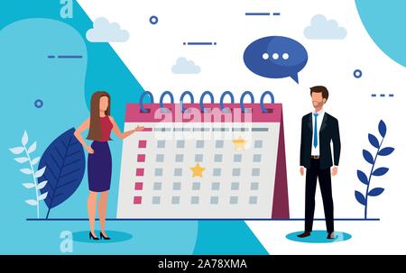 Business Paar mit Kalender und die Sprechblase Stock Vektor