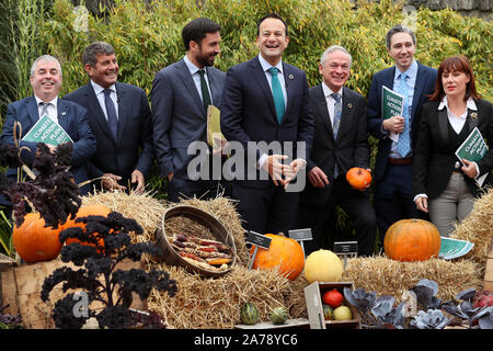 Taoiseach Leo Varadkar (Mitte) mit (von links) Minister für Hochwasserschutz Kevin Moran, Minister für Ernährung und Forstwirtschaft und Gartenbau Andrew Doyle, Ministerin für Wohnungswesen Eoghan Murphy, Minister für Klimaschutz & Umwelt Richard Bruton, Minister für Gesundheit Simon Harris und Minister für Kultur Jospha Madigan, im Herbst Anzeige in die Botanischen Gärten, Dublin, für den Start des ersten Bericht über die Fortschritte im Rahmen des Climate Action Plan 2019. Stockfoto