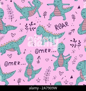 Dinosaurier in Yoga Asanas, Hand gezeichnet Vektor nahtlose Muster Stock Vektor