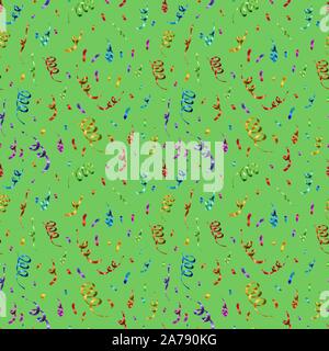 Viele farbenfrohe Konfetti und Serpentine auf grünem Hintergrund, Jubiläumsfeier nahtlose Muster Stock Vektor