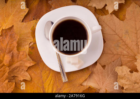 Kaffeetasse und Blätter im Herbst. Auf hölzernen Hintergrund Stockfoto