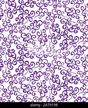 Lila malerische Swirly blüht nahtlose Vektor Muster Muster wiederholen. Verspielte glücklich layered Pinselstriche Design. Stock Vektor