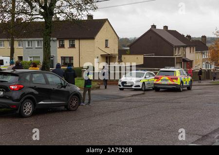 Cork, Irland. 31 Okt, 2019. Mögliche Überfall in Haus in Farrenferris Crescent, Cork City. Am frühen Morgen gardai, gesichert durch bewaffnete Antwort wurden in einem Haus in Farrenferris Cresent, wo es wird geglaubt, daß ein Mann, der sich in einem Haus verschanzt hat, es unbekannt ist, wenn er alleine ist oder die Geiseln genannt. Es wird vermutet, dass der Mann hat ein Messer. Einige Berichte haben gesagt, er war ein Kind als Geisel, aber es ist jetzt aus dem Haus. Es ist auch geglaubt, durch einige, gardai verhandeln derzeit mit ihm, das Haus zu verlassen. Credit: Damian Coleman/Alamy leben Nachrichten Stockfoto