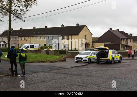 Cork, Irland. 31 Okt, 2019. Mögliche Überfall in Haus in Farrenferris Crescent, Cork City. Am frühen Morgen gardai, gesichert durch bewaffnete Antwort wurden in einem Haus in Farrenferris Cresent, wo es wird geglaubt, daß ein Mann, der sich in einem Haus verschanzt hat, es unbekannt ist, wenn er alleine ist oder die Geiseln genannt. Es wird vermutet, dass der Mann hat ein Messer. Einige Berichte haben gesagt, er war ein Kind als Geisel, aber es ist jetzt aus dem Haus. Es ist auch geglaubt, durch einige, gardai verhandeln derzeit mit ihm, das Haus zu verlassen. Credit: Damian Coleman/Alamy leben Nachrichten Stockfoto