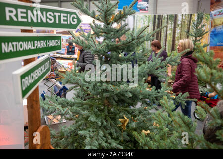 Erfurt, Deutschland. 31 Okt, 2019. Thüringer Reiseveranstalter werben auf der "Reisen & Caravan" Messe in den Messehallen. Rund 270 Aussteller aus aller Welt präsentieren Reiseziele aus über 50 Ländern, Ideen für Sommer- und Winterurlaub und die neuesten Wohnmobile. Quelle: Michael Reichel/dpa/Alamy leben Nachrichten Stockfoto