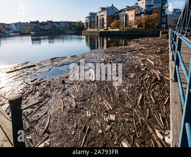 Leith, Edinburgh, Schottland, Großbritannien, 31. Oktober 2019. UK Wetter: Sonnenschein spiegelt Gebäude im Wasser von Leith. Strandgut Rückstände aufgrund der hohen Niederschläge in diesem Jahr füllt das Becken durch die alten Victoria Swing Bridge, die eine unansehnliche Chaos für Anwohner Stockfoto