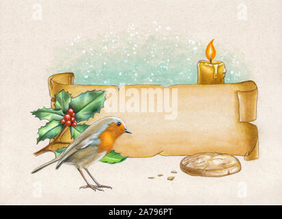 Weihnachten Zusammensetzung einschließlich Papier, Banner, einige Holly und eine europäische Robin betrachten eine zerbröckelte Keks. Aquarell und Buntstift illustra Stockfoto
