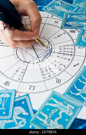 Hand ein Astrologe ein Horoskop Astrologie mit einer Feder Feder Stockfoto