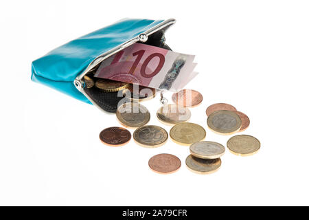 Kleine Geldbörse mit Euromünzen, 10 Euro-Banknote, Geldschein, Stockfoto