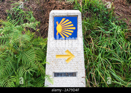 Gelbe Jakobsmuschel, touristische Symbol des Camino de Santiago, der die Richtung auf Camino Norte in Spanien. Spalte die Unterzeichnung der Weg nach Santiago De Stockfoto