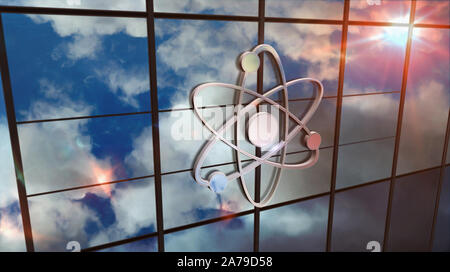 Atom Energie Symbol auf Gebäude aus Glas. Gespiegelter Himmel und Stadt auf moderne Fassade. Wissenschaft, Technologie und Atomindustrie center Konzept 3D renderi Stockfoto