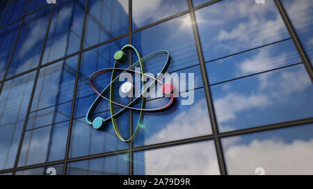 Atom Energie Symbol auf Gebäude aus Glas. Gespiegelter Himmel und Stadt auf moderne Fassade. Wissenschaft, Technologie und Atomindustrie center Konzept 3D renderi Stockfoto