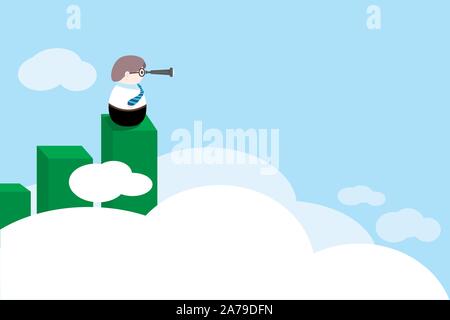 Cute cartoon Geschäftsmann sucht durch ein Fernglas auf einem Balkendiagramm über den Wolken. Vector Illustration. Platz für Text. Stock Vektor