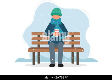 Mann sitzt auf der Bank im Winter mit Kaffee. Vector Illustration im flachen Stil Stock Vektor