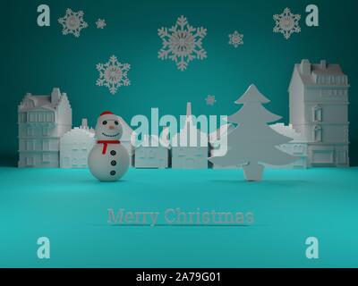 Christmas Village mit Schneemann und Weihnachtsbaum mit Schneeflocken mit blauen Hintergrund Abbildung Stockfoto