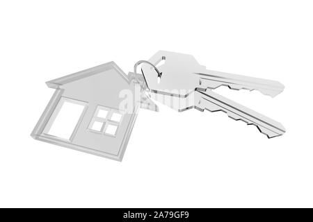 3D Schlüsselanhänger mit Haus Kleiderbügel auf weißem Hintergrund Stockfoto