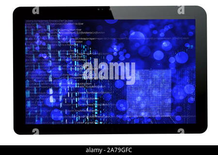 Binär Code auf einem Tablet-PC Stockfoto