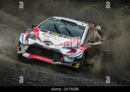 Kris Meeke Fahren seines Toyota Yaris durch eine watersplash Für das Toyota Gazoo Racing World Rally Team am 2019 WRC Wales Rally GB, Wales, Großbritannien Stockfoto