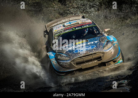 Teemu Suninen fahren durch einen watersplash im M-Sport Ford Leistung World Rally Team in der 2019 WRC Wales Rally GB, Wales, Großbritannien Stockfoto