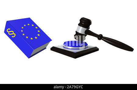 3D-Illustration Gesetz Buch mit Judge's Hammer auf weißem Hintergrund Stockfoto