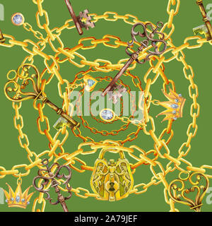 Nahtlose Muster von Aquarell dolden Ketten, Schloss und Schlüssel Stockfoto