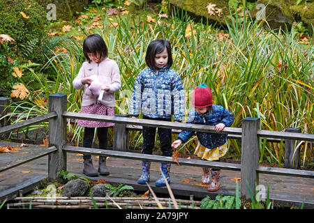 Junge Kinder in einem fischteich unter den Ahornbäumen und andere exotische Laubbäume Gelb und Rot in der weltberühmten japanischen Gärten in Po Stockfoto