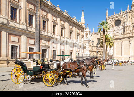 Sevilla Kutschfahrten außerhalb der Kathedrale von Sevilla und das allgemeine Archiv der Indies Gebäude Calle Miguel Mañara Sevilla Spanien EU Europa angeboten Stockfoto