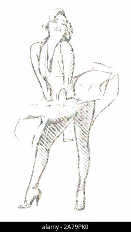 Silhouette von Merlin Monroe - eines der Symbole der Amerika - mit amerikanischen Dollar Scheine auf weißem Hintergrund gebildet Stockfoto