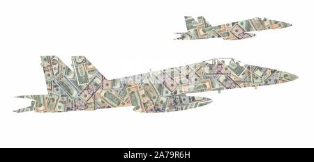 Silhouette von ein paar militärische Flugzeuge mit amerikanischen Dollar Scheine auf weißem Hintergrund gebildet Stockfoto