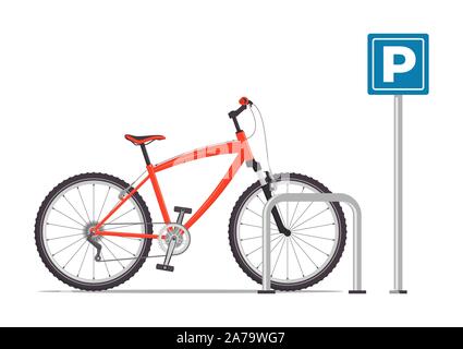 Parkplatz für Fahrräder. Rotes modernes Fahrrad am Parkplatz unterzeichnen. Vector Illustration in Flat, isoliert auf weißem Stock Vektor