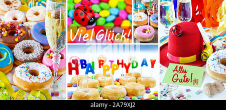 Collage Geburtstag Hintergrund mit Süßigkeiten und kopieren Raum Stockfoto