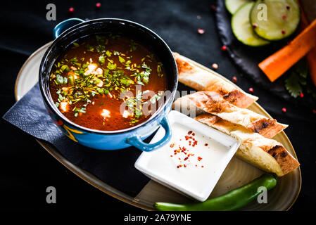 Traditionelle türkische Suppe aus Rumänien mit frischem Gemüse, Wischcreme, Gewürzen und hausgemachtem Brot Stockfoto