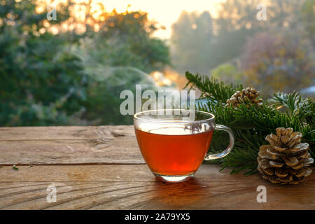 Heißen Tee in einem Glas Schale auf einem rustikalen Holztisch draußen im Garten an einem schönen Herbsttag, Gesundheit Konzept gegen Erkältung und Grippe, Kopieren, Sel Stockfoto