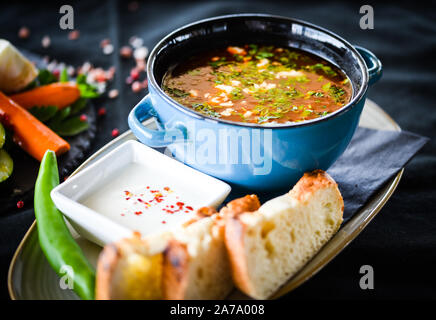 Traditionelle türkische Suppe aus Rumänien mit frischem Gemüse, Wischcreme, Gewürzen und hausgemachtem Brot Stockfoto