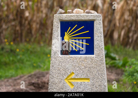 Gelbe Jakobsmuschel, touristische Symbol des Camino de Santiago, der die Richtung auf Camino Norte in Spanien. Spalte die Unterzeichnung der Weg nach Santiago De Stockfoto