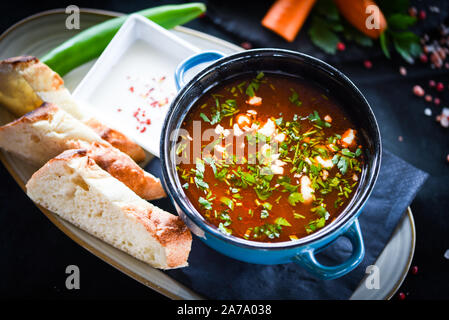 Traditionelle türkische Suppe aus Rumänien mit frischem Gemüse, Wischcreme, Gewürzen und hausgemachtem Brot Stockfoto