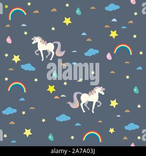 Einhorn nahtlose Muster. Regenbogen, Sterne und Tropfen regen Stock Vektor