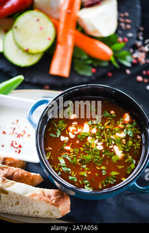 Traditionelle türkische Suppe aus Rumänien mit frischem Gemüse, Wischcreme, Gewürzen und hausgemachtem Brot Stockfoto