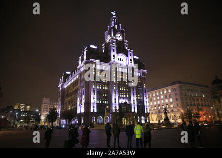 Das Royal Liver Building, Pier Head, Liverpool, leuchtet am Wasser als Teil des Flusses von Licht Illuminationen. Eine Installation von Festen, Arup ist auf dem Royal Liver Building gezeigt. Stockfoto