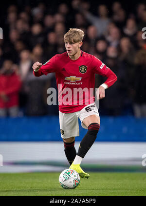 Brandon Williams von Man Utd während der carabao Cup Runde 16 Spiel zwischen Chelsea und Manchester United an der Stamford Bridge, London, England am 30. Oktober 2019. Foto von Andy Rowland. Stockfoto