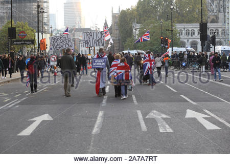 London, Großbritannien. 31 Okt, 2019. Ein Urlaub bedeutet verlassen. März in Westminster im Protest getroffen hat, in der der Ausfall Brexit zu liefern. Es wasa starker Polizeipräsenz an den Protest und die Verhaftungen wurden vorgenommen. Credit: Clearpix/Alamy leben Nachrichten Stockfoto